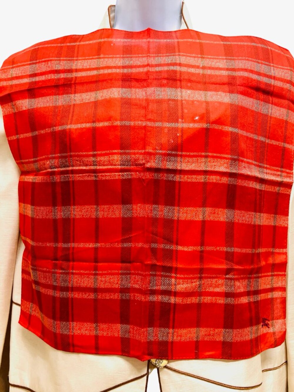 New Never worn Burberry Neck-kerchief 19.5" red black gray check embroidered(95 - Picture 9 of 12